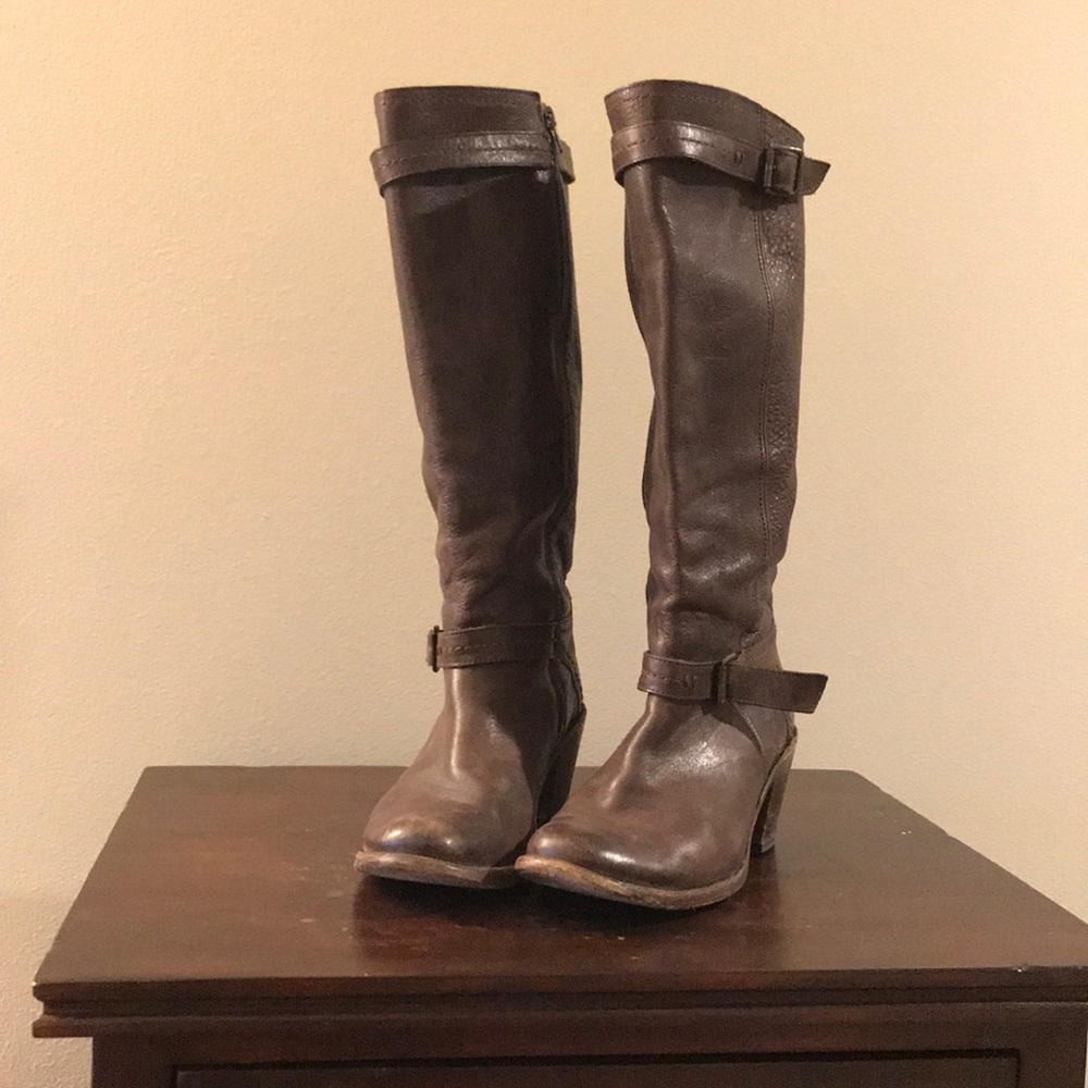 Tall, chocolate, Frye boots.